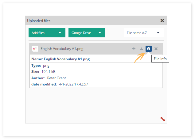 Virtual Classroom File Library: Check the file info to see the information associated with the file itself