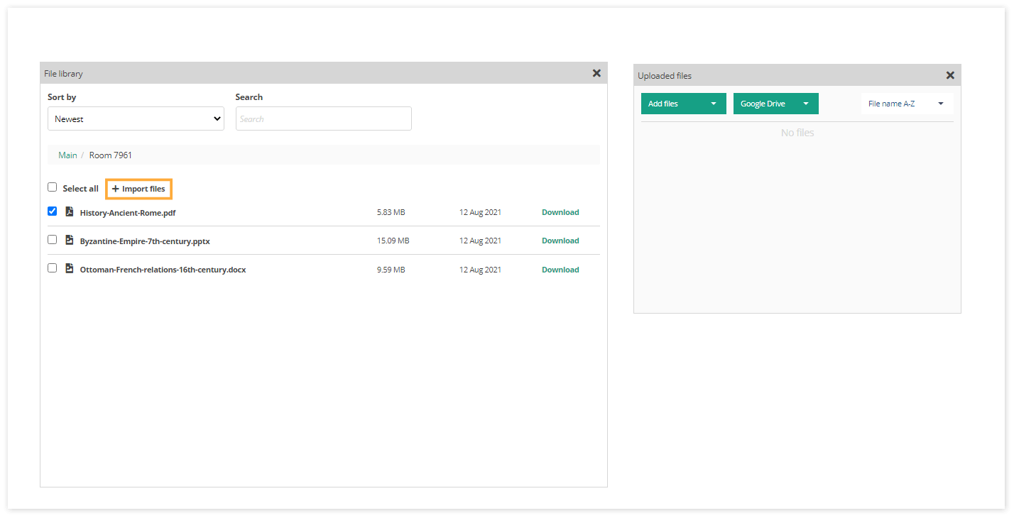 Virtual Classroom File Library: Import files from the library