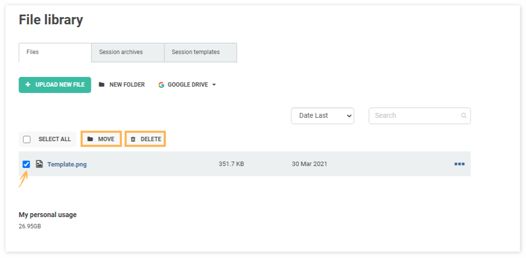 Delete action Virtual Classroom File Library: Deleting a file will prompt you to confirm your action