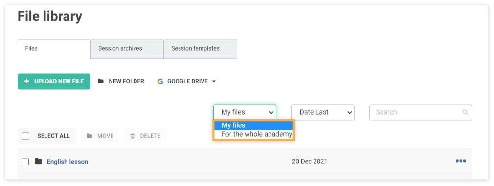 File filters Virtual Classroom File Library: As an Administrator you can manage and administer user's files