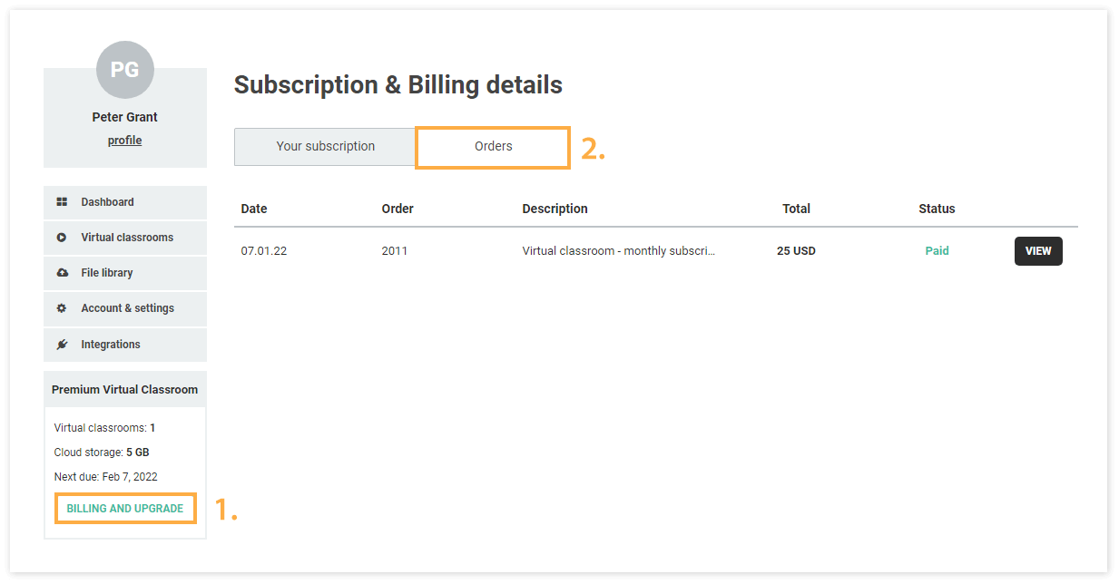 Virtual Classroom Plan and Registration - Subscribe to premium: The "Orders" tab contains a list of all of your past Invoices