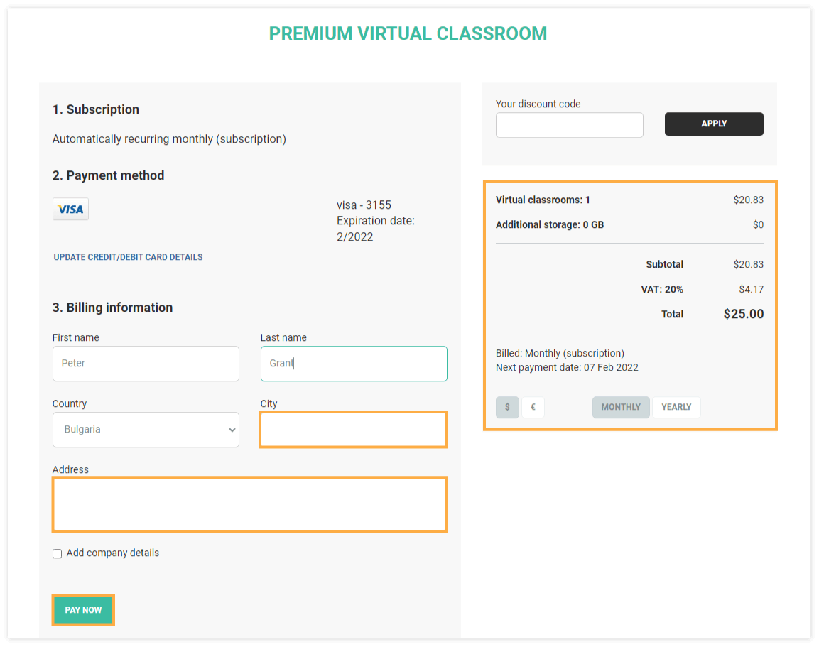 Virtual Classroom – Upgrade to premium: On this page you can configure your plan (yearly or monthly subscription, select the currency as well as add the bank card)