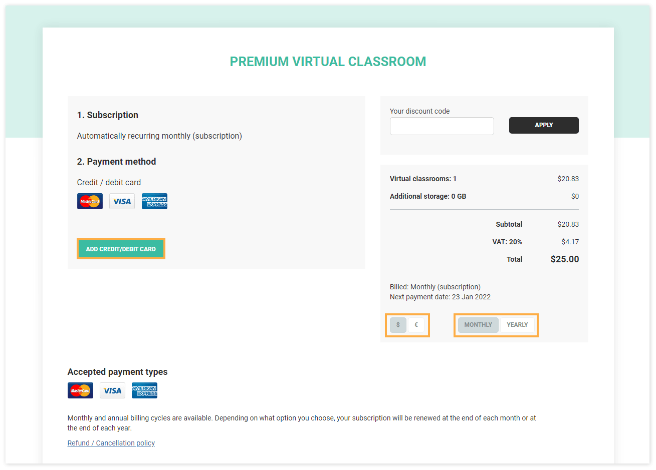 Virtual Classroom - Upgrade to premium: On this page you can configure your plan (yearly or monthly subscription, select the currency as well as add the bank card)