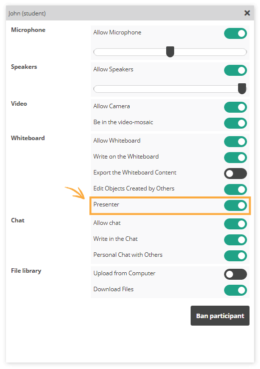Virtual Classroom Presentation mode: This is how the User Permissions Panel looks like