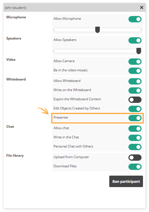 Presentation mode in the Virtual Classroom Virtual Classroom Presentation mode: This is how the User Permissions Panel looks like