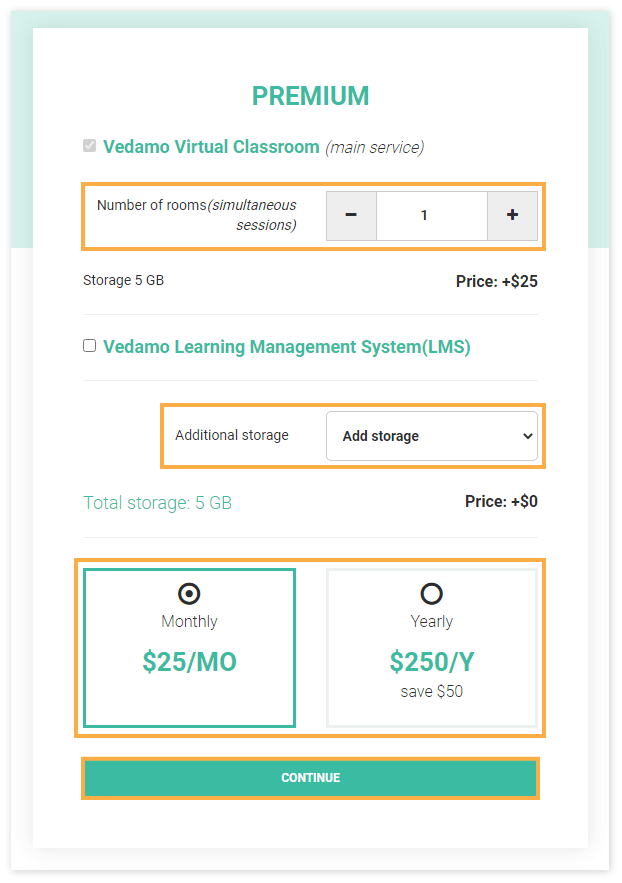 Virtual Classroom Plan and Registration - Subscribe to premium: This page will let you add additional storage and choose the type of subscription (monthly or yearly basis)