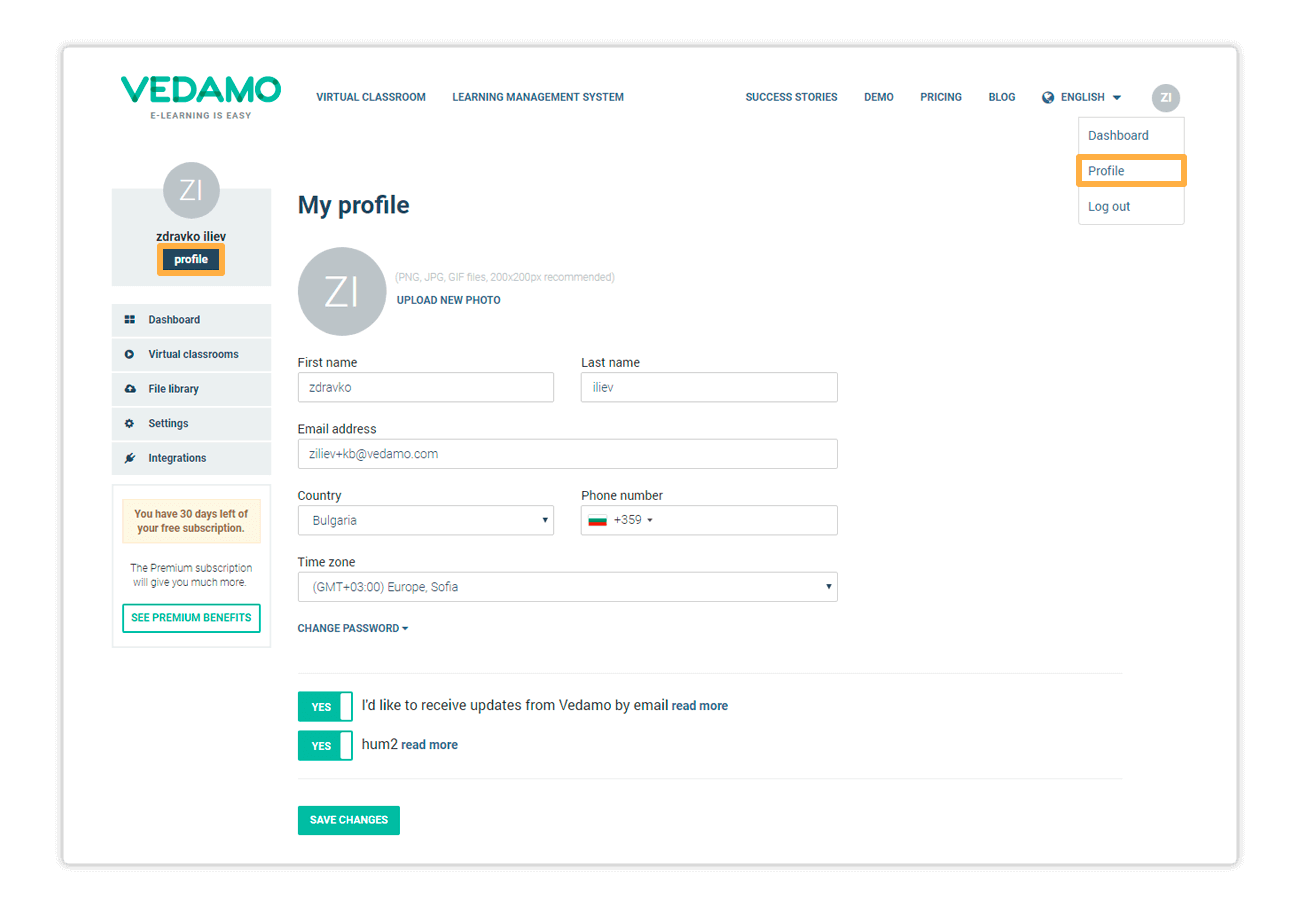 Click on Profile to open your Profile Settings menu