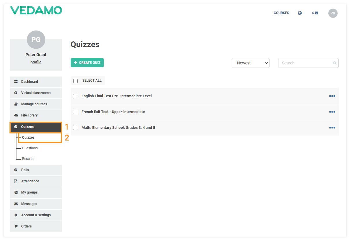 LMS Quizzes - Creation and Settings: Click on Quizzes to see all the quizzes you have already created.