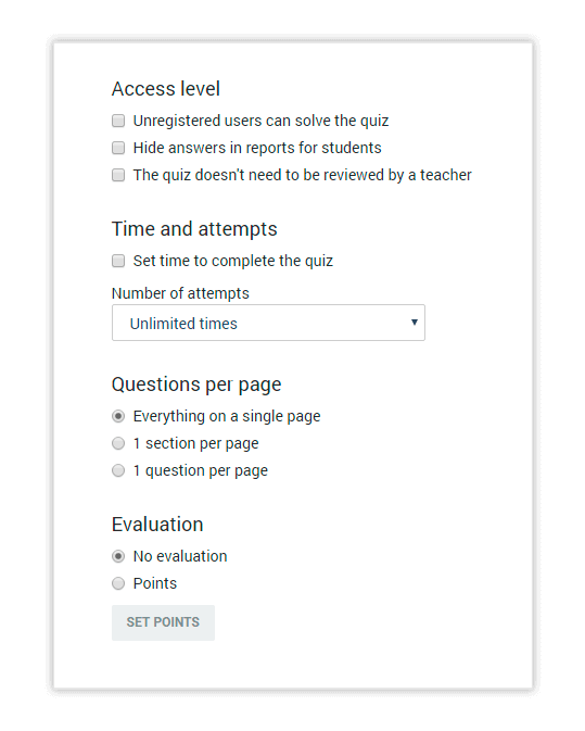 Quiz customizations The Settings tab allows you to customize your Quiz according to your preferences