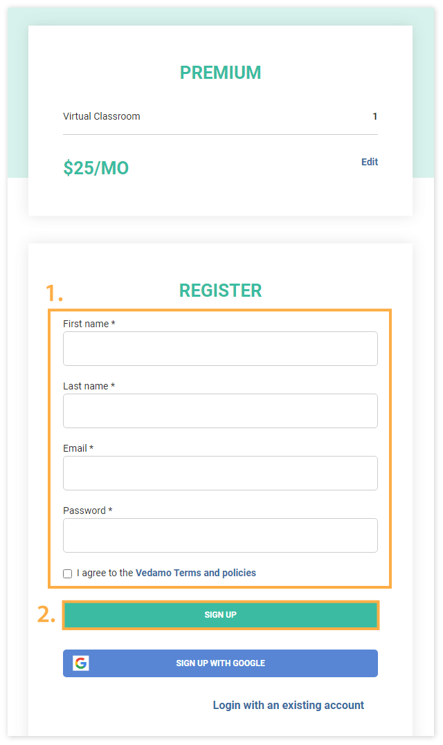 Virtual Classroom Plan and Registration - Subscribe to premium: Account information & Sign up page