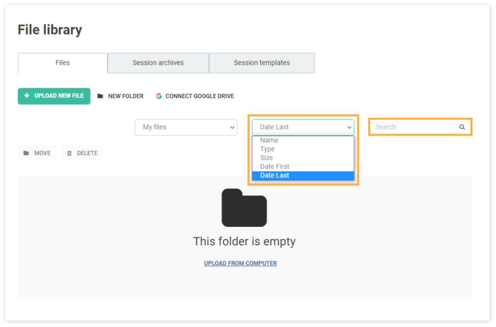 Date filters Virtual Classroom File Library: You can filter out files by different Name, Date, Size, and Type