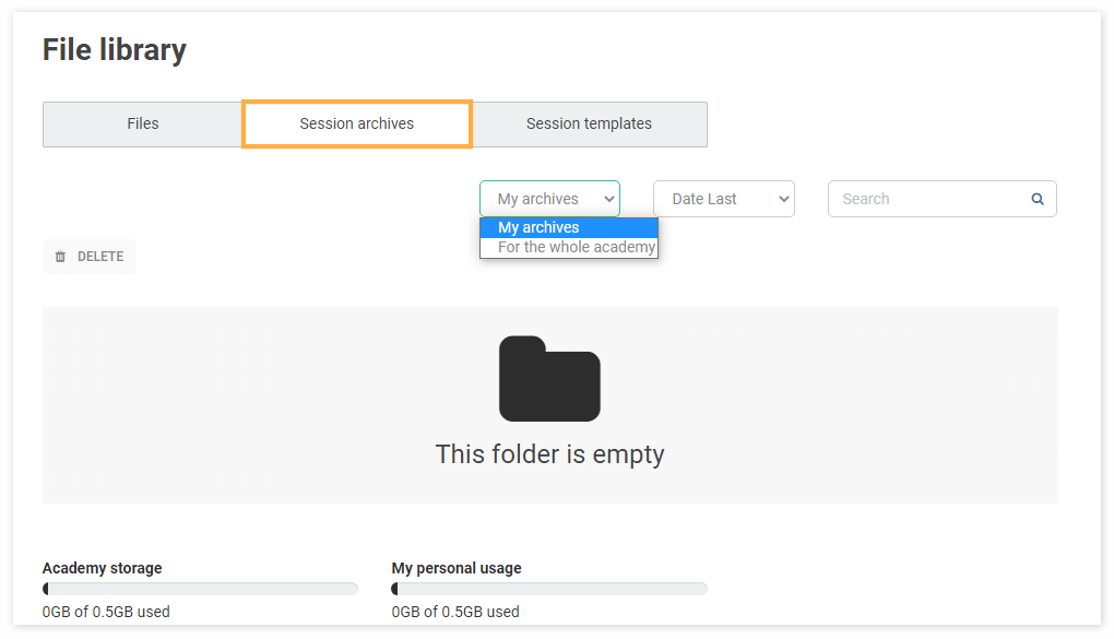 Room archives Virtual Classroom File Library: The Room Archives tab consists of all of your previous sessions recordings