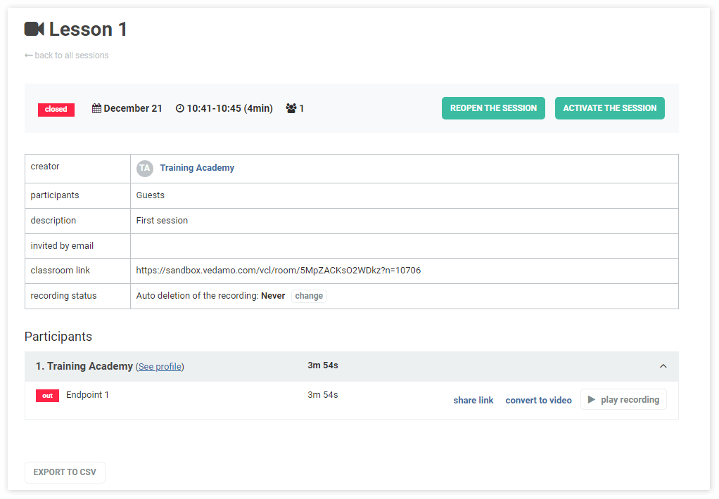 Virtual Classrooms menu: Click on the title of the room to see full session details