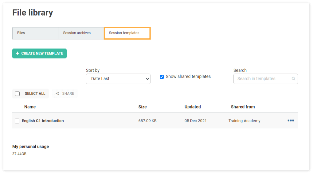 Templates Virtual Classroom File Library: The Session templates tab consists of all of your previously created templates and materials