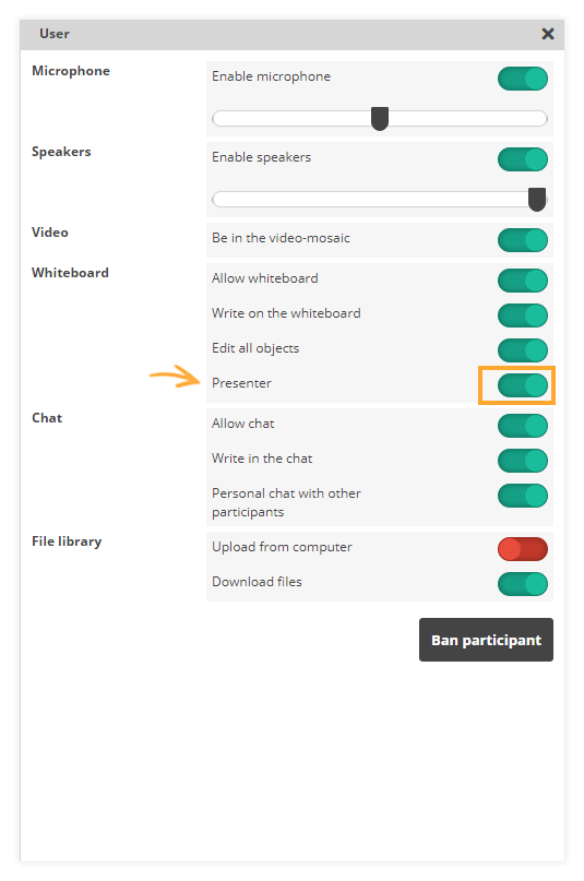 Presentation mode in the Virtual Classroom This is how the User Permissions Panel looks like