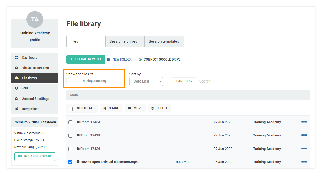 File filters Virtual Classroom File Library: As an Administrator you can manage and administer user's files