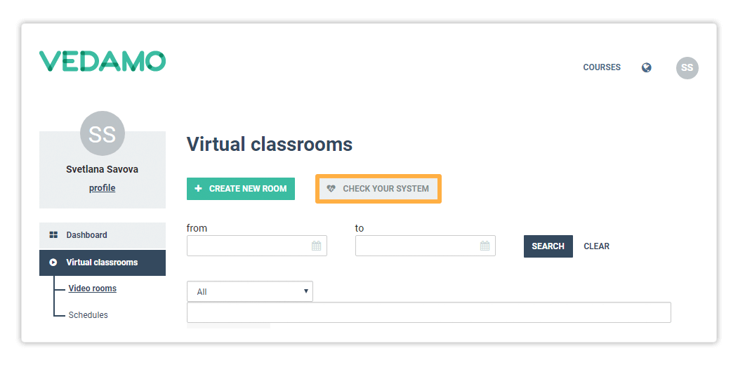 The System check is also available as an external(opening a room is not needed) feature