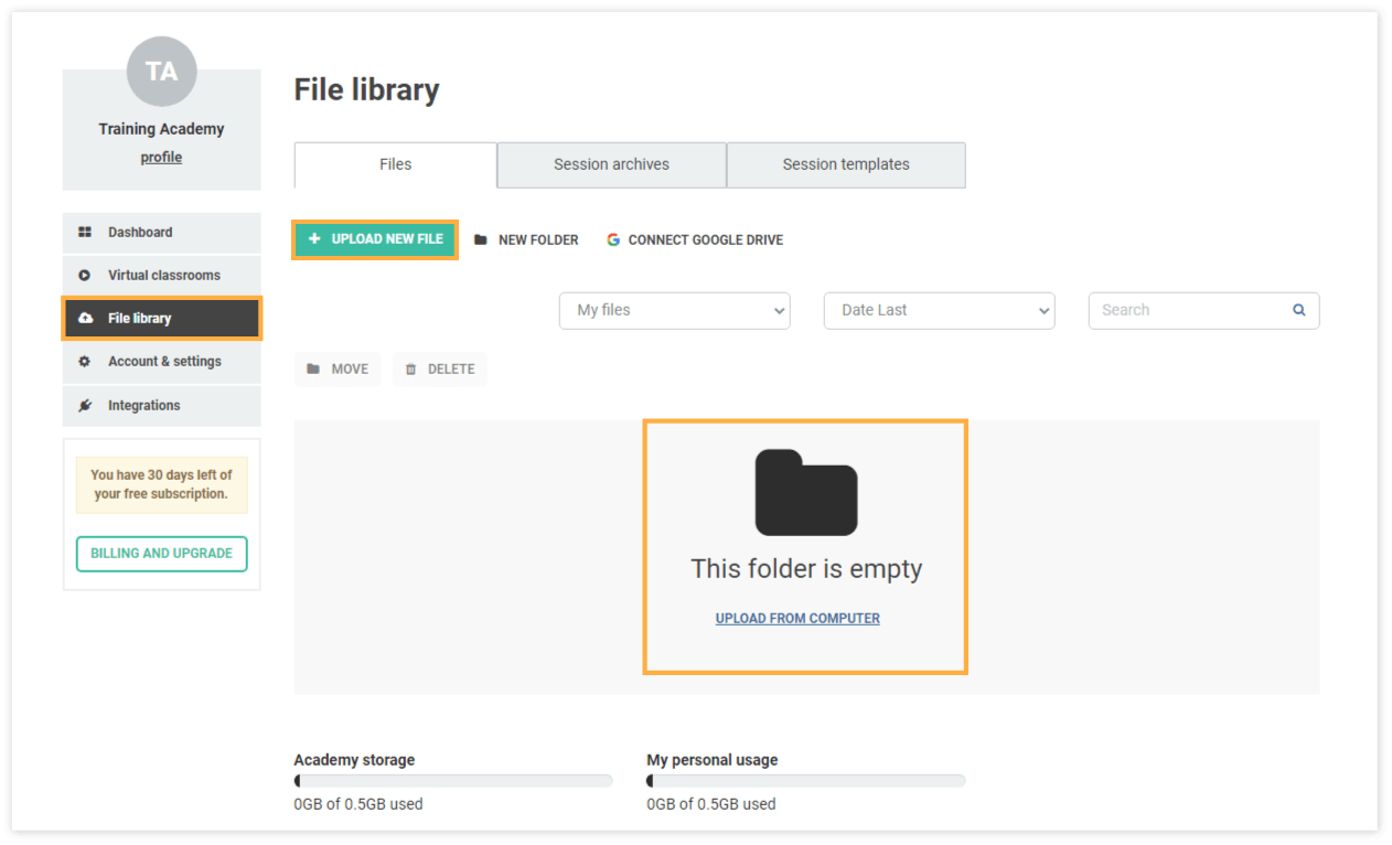 Virtual Classroom File Library: Use the Upload New File button or Drag and Drop files to upload files in the Virtual Classroom File Library