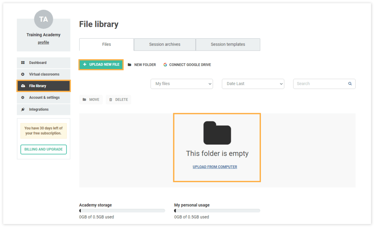 Upload new file Virtual Classroom File Library: Use the Upload New File button or Drag and Drop files to upload files in the Virtual Classroom File Library