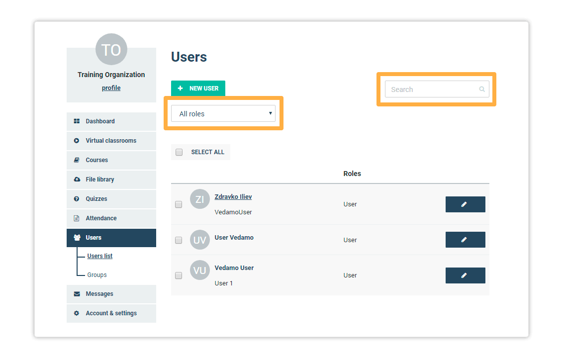 LMS Users administration Search Filters