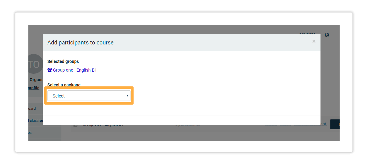 Package selection for the LMS User Group Enroll group in a a course