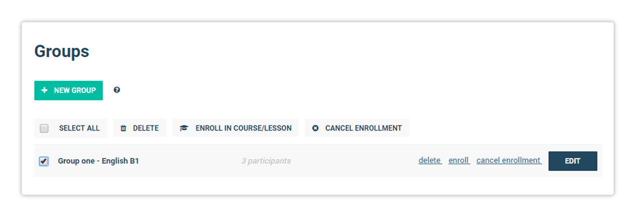 LMS User Groups In order to manage the whole group, select the box on the left and choose from the options on the right