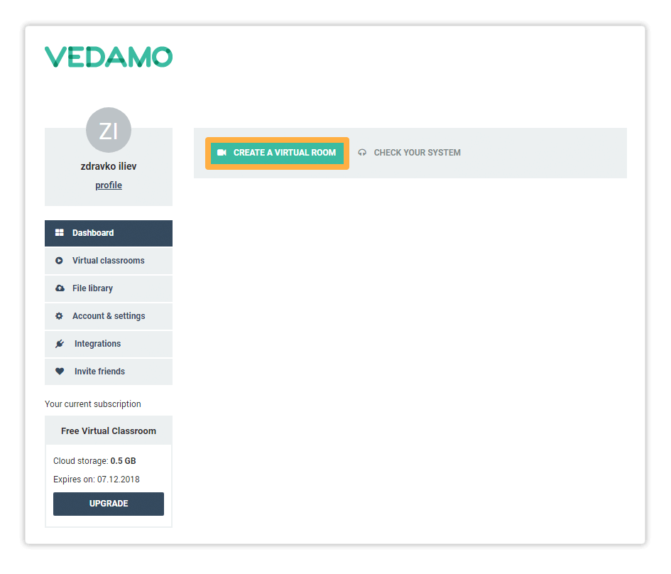 The Create a Virtual Room button allows you to open a brand new Virtual Classroom