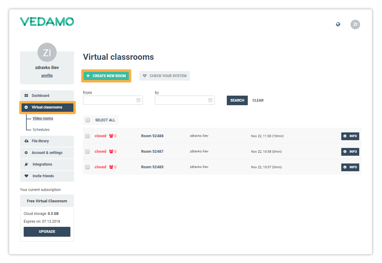 Create new room gives you the option to create a new Virtual Classroom