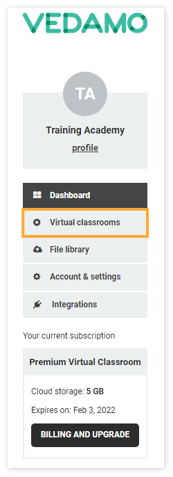 Virtual Classrooms menu: Click Virtual Classrooms to open the Virtual Classrooms menu