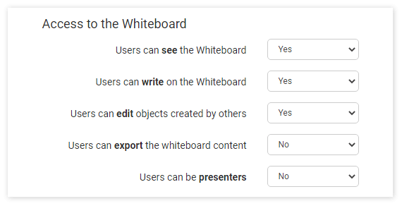 Virtual Classroom Advanced Settings: Access to the whiteboard settings Virtual Classroom Advanced Settings: Access to the whiteboard settings
