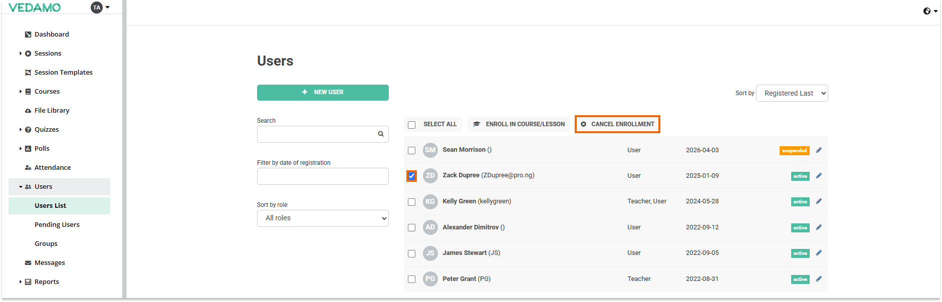 Remove participants from a course in the LMS Remove participants from a course in the LMS - The option to cancel enrollment will become available once you click on the box next to the participant's name