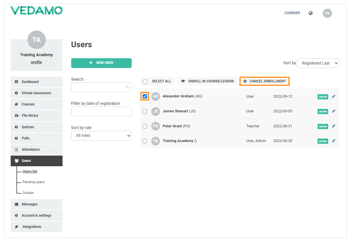 Remove participants from a course in the LMS - The option to cancel enrollment will become available once you click on the box next to the participant's name