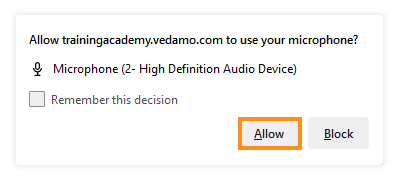 Virtual Classroom - System Check: Microphone - You will have to press allow (Mozilla Firefox)