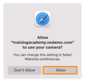 Virtual Classroom - System Check: Camera: You will have to press allow (Apple Safari)