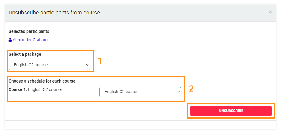 Select a course/schedule to remove participant