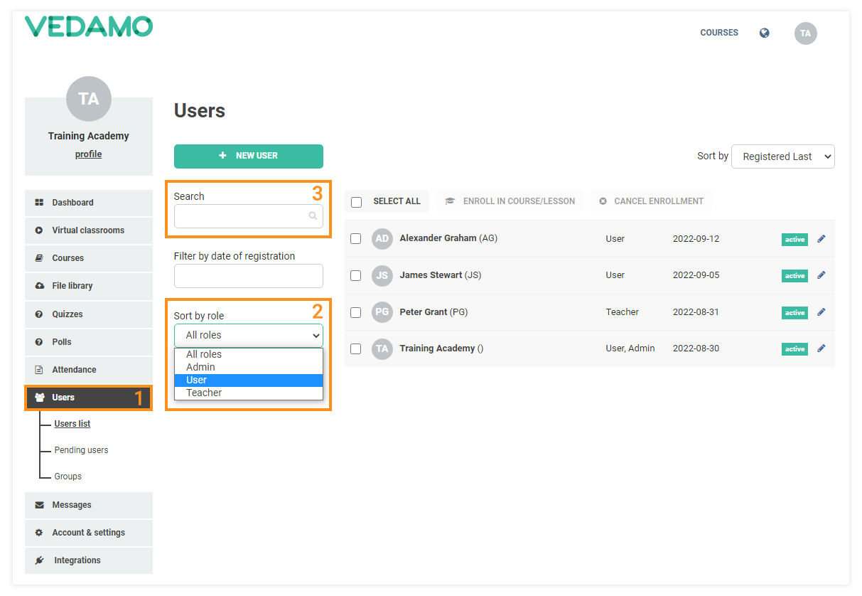 Remove participants from a course in the LMS - Click on "Users" and then use the filters to find the specific user(s)