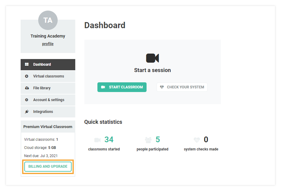 Virtual Classroom - Billing and Upgrade Click on "Billing and Upgrade" to upgrade your plan
