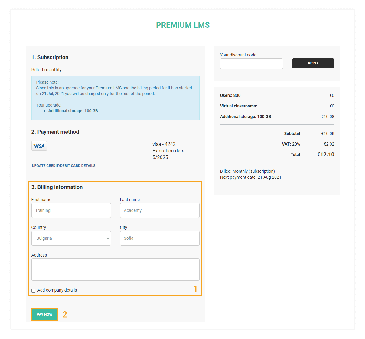 LMS Billing and Upgrade: Use the Add company details in case you need to do so and click complete purchase to finish the LMS billing and upgrade process