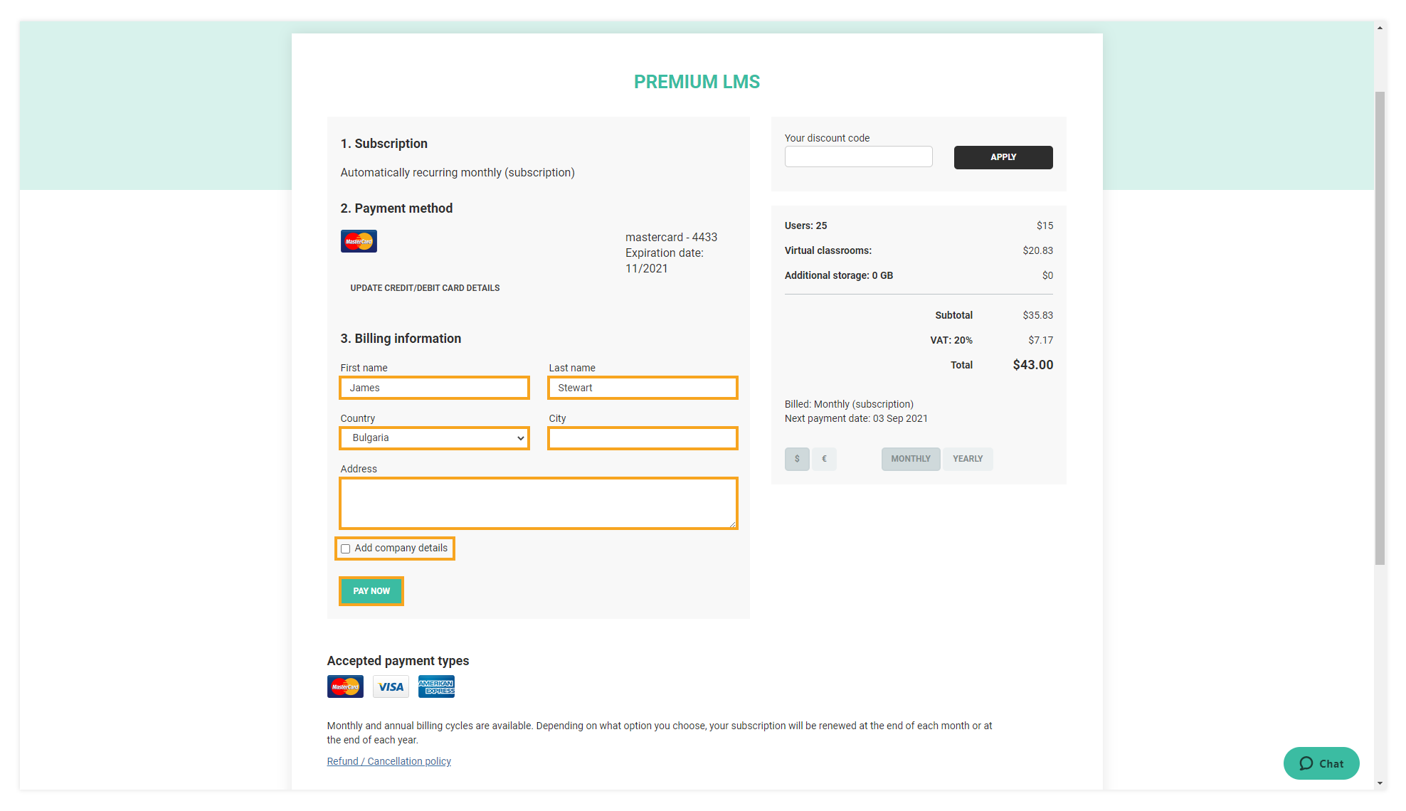 Upgrade to Premium: Enter your billing information