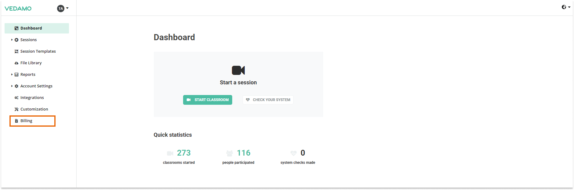 Virtual Classroom - Billing and Upgrade Virtual Classroom - Billing and Upgrade: Click on the "Billing" button to start the upgrade process