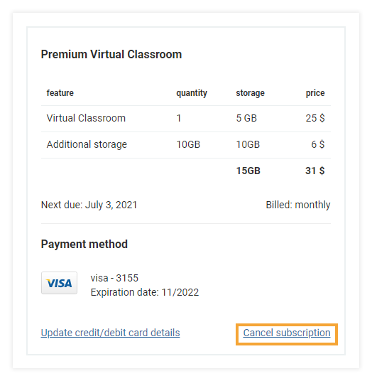 Virtual Classroom - Billing and Upgrade Virtual Classroom - Billing and Upgrade: Click Cancel Subscription to cancel your Vedamo subscription