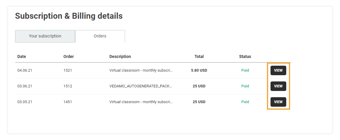 Virtual Classroom - Billing and Upgrade Virtual Classroom - Billing and Upgrade: A full list of your Vedamo invoices