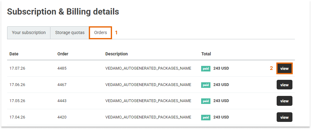 Virtual Classroom - Billing and Upgrade Virtual Classroom - Billing and Upgrade: A full list of your Vedamo invoices
