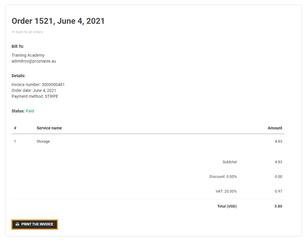 Virtual Classroom - Billing and Upgrade Virtual Classroom - Billing and Upgrade: Click on Print the Invoice to print your Vedamo Invoice on paper