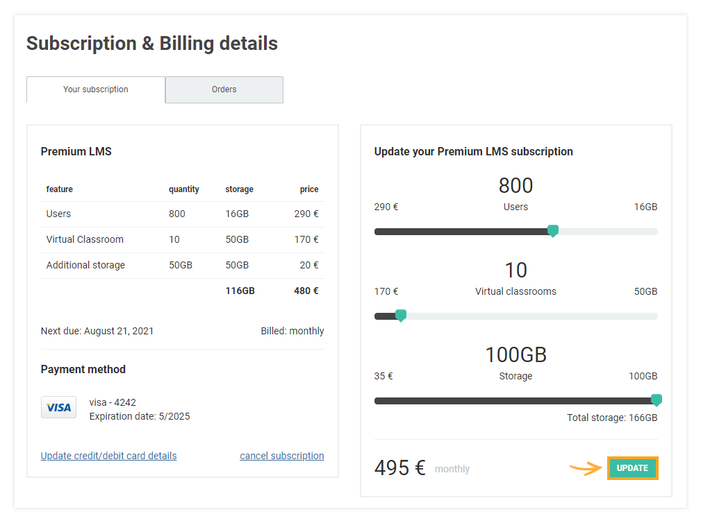 Subscription and billing details LMS Billing and Upgrade: Use the slides to purchase additional features for your premium subscription plan