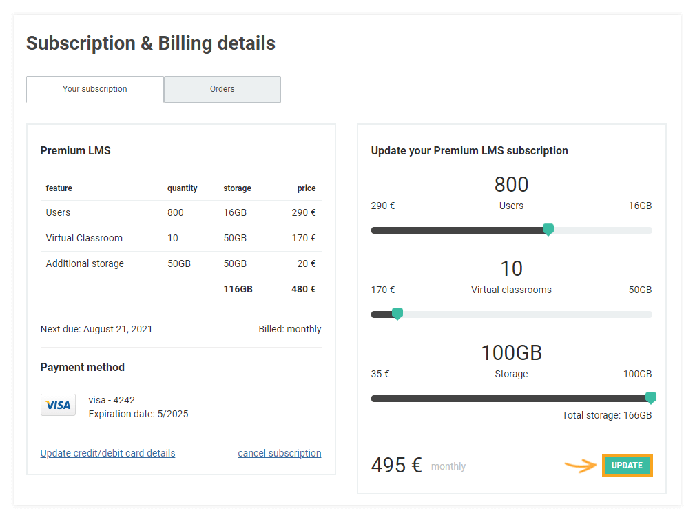 LMS Billing and Upgrade: Use the slides to purchase additional features for your premium subscription plan