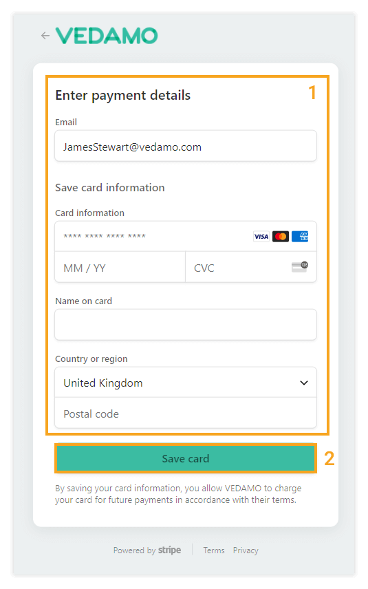 Proceed to payment LMS Billing and Upgrade: Once ready, click on Save card after you have filed your new credit/debit card details