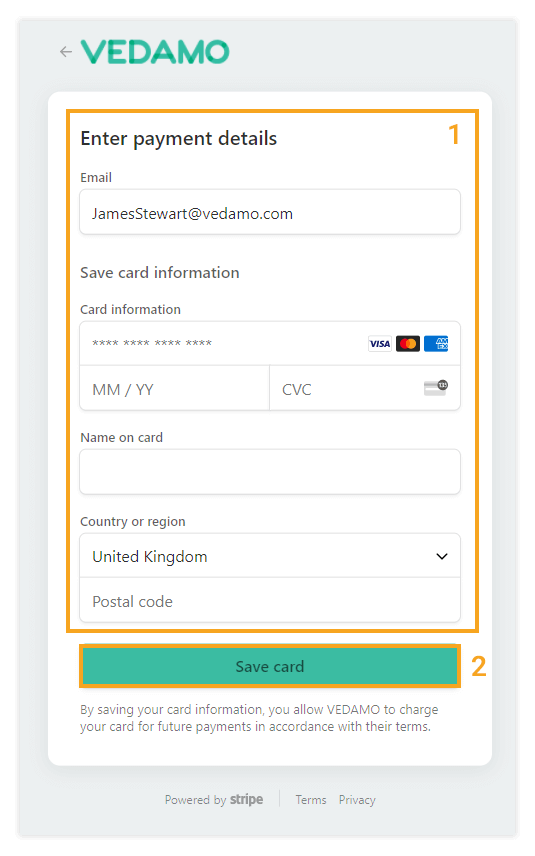 LMS Billing and Upgrade: Once ready, click on Save card after you have filed your new credit/debit card details