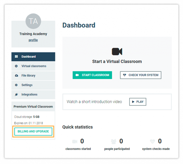 Virtual Classroom - Billing and Upgrade Click on "Billing and Upgrade" to upgrade your plan