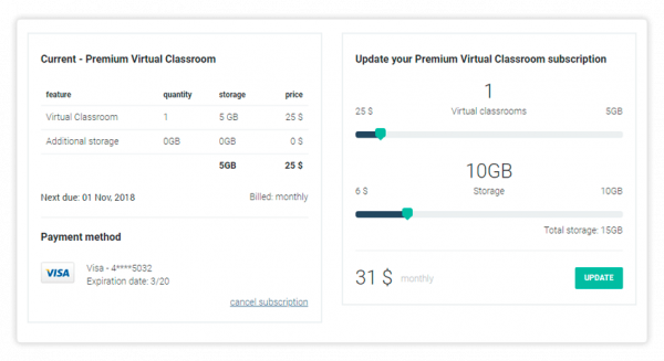 Virtual Classroom - Billing and Upgrade Select the amount of storage for your plan